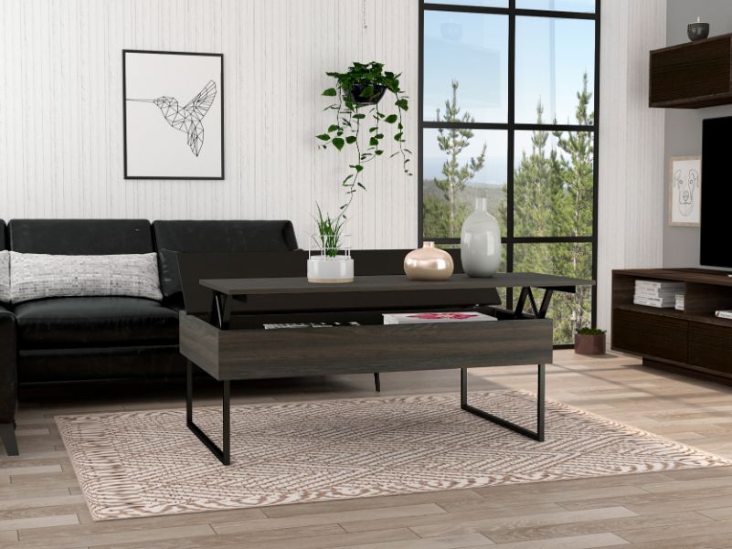 Lift Top Coffee Table, Two Legs, Two Shelves, Carbon Espresso Brown Particle Board Particle Board