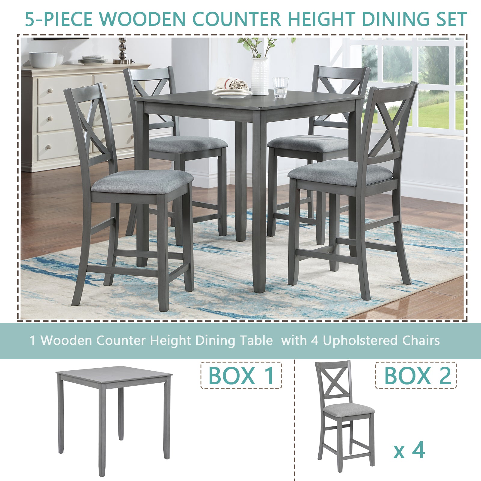 5 Piece Dining Table Set, Wooden Dining Square Table Set For 4, Counter Height Kitchen Table Set With Square Table And 4 Upholstered Chairs For Small Space, Gray Wood Gray Seats 4 Gray Wood Dining Room Acacia 4 Leg Square Dining Table With Chair Acacia