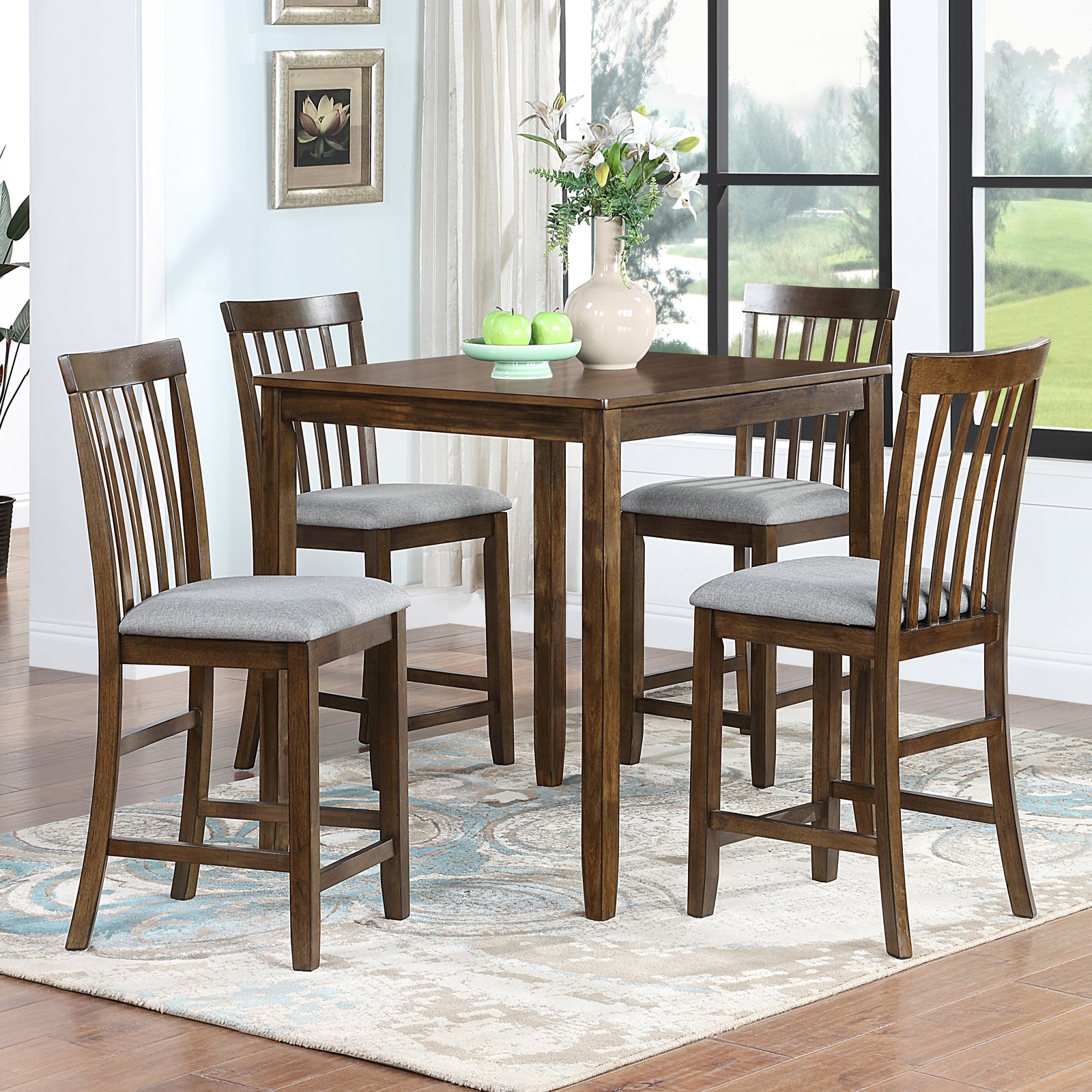5 Piece Dining Table Set, Wooden Dining Square Table Set For 4, Counter Height Kitchen Table Set With Square Table And 4 Upholstered Chairs For Small Space, Walnut Wood Walnut Seats 4 Gray Wood Dining Room Acacia 4 Leg Square Dining Table With Chair