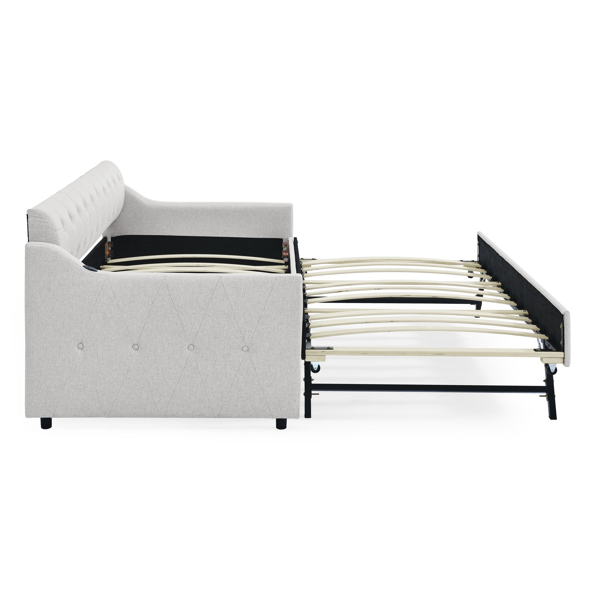 Twin Size Upholstery Daybed With Twin Size Erectable Trundle And Usb Charging Design, Linen Beige Twin Beige Linen