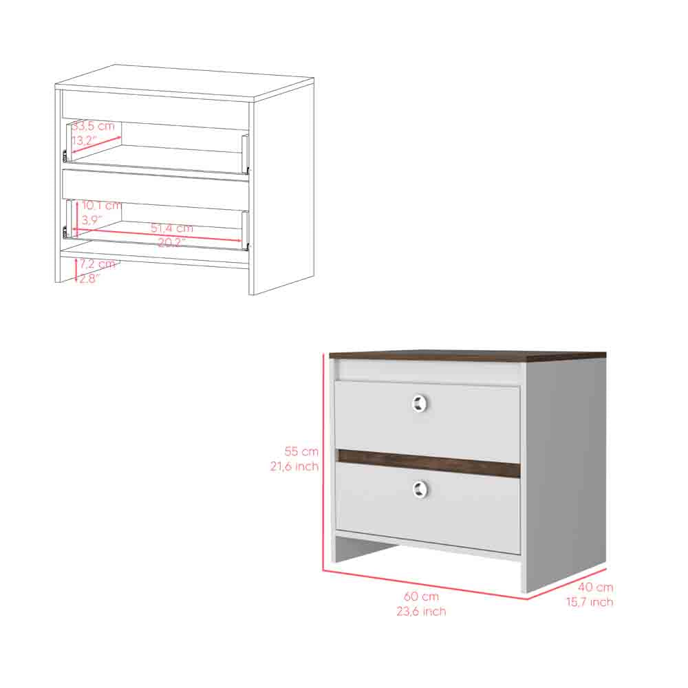 Nightstand Dreams, Two Drawers, White Dark Brown Finish Dark Brown White Particle Board