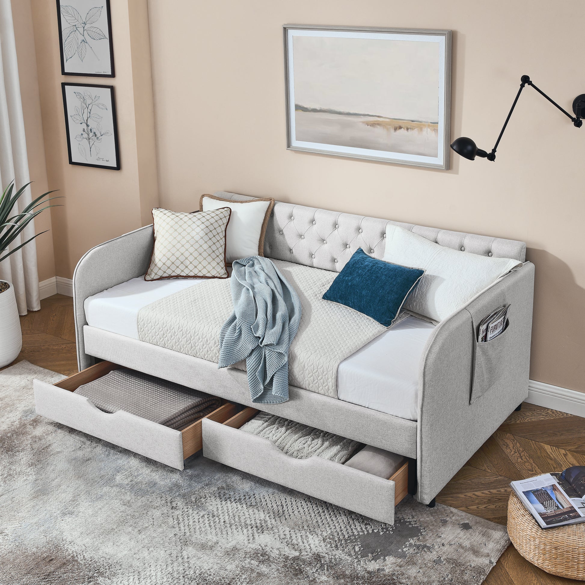 Twin Size Upholstery Daybed With Trundle Bed And Two Storage Drawersflat Arms With Pocket, Extendable Daybed For Bedroom Living Room,Linen Beige Beige Linen