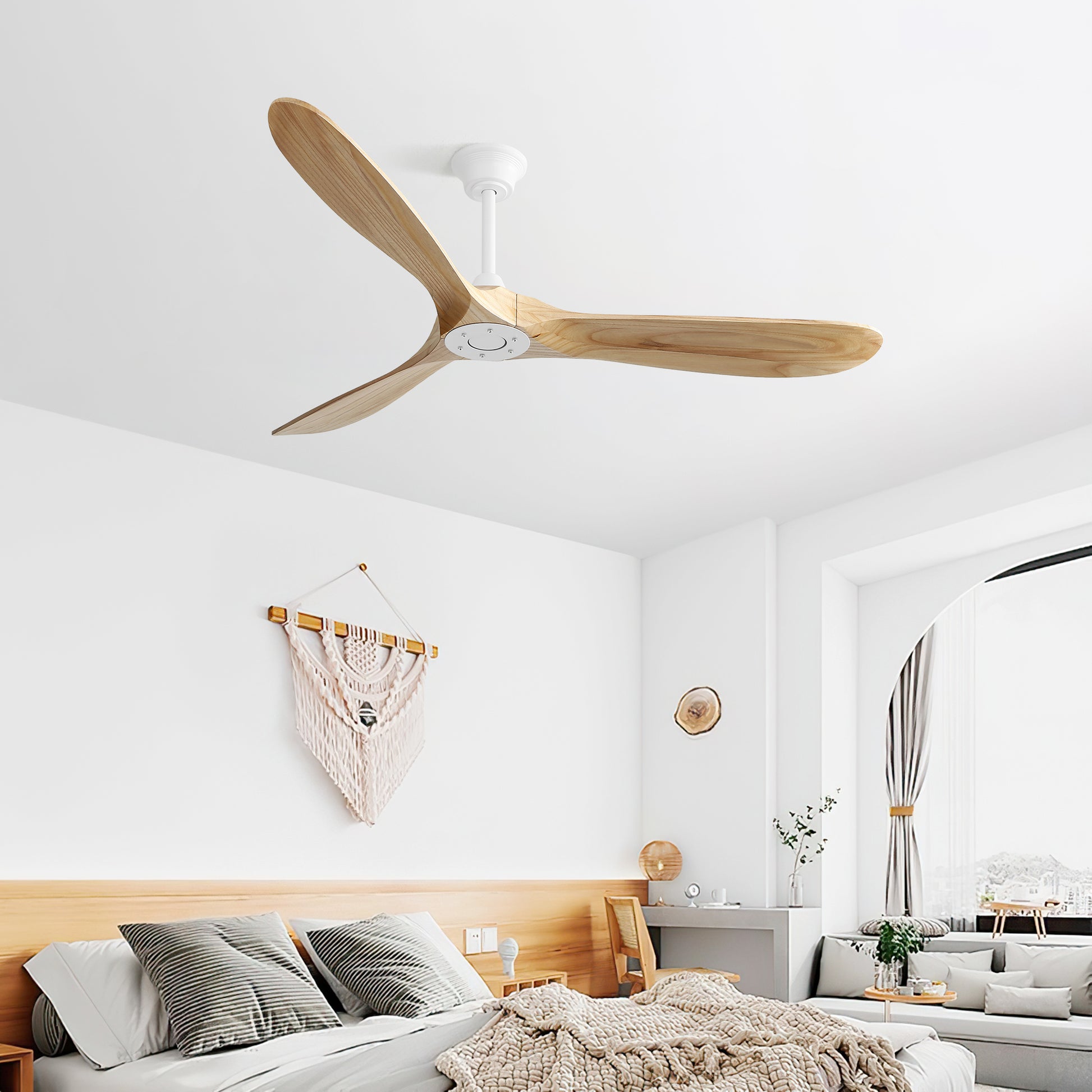 60 Inch Indoor Modern Ceiling Fan With 3 Color Dimmable 6 Speed Remote Control 3 Solid Wood Blade For Living Room White Metal & Wood