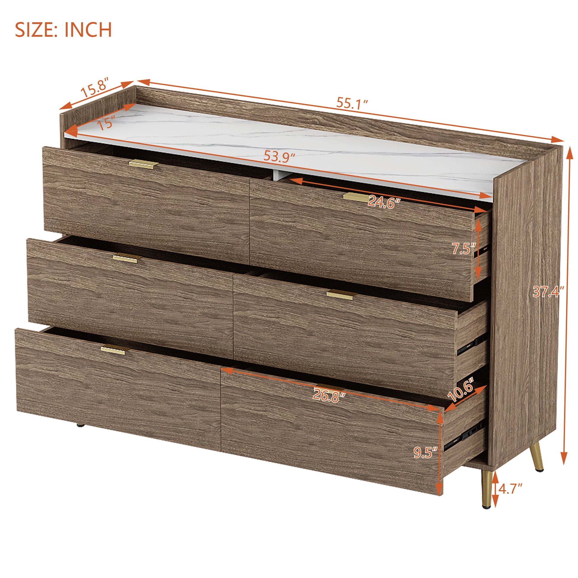 55" Long 6 Drawer Dresser With Marbling Worktop, Mordern Storage Cabinet With Metal Leg And Handle For Bedroom,Walnut Walnut Mdf Metal