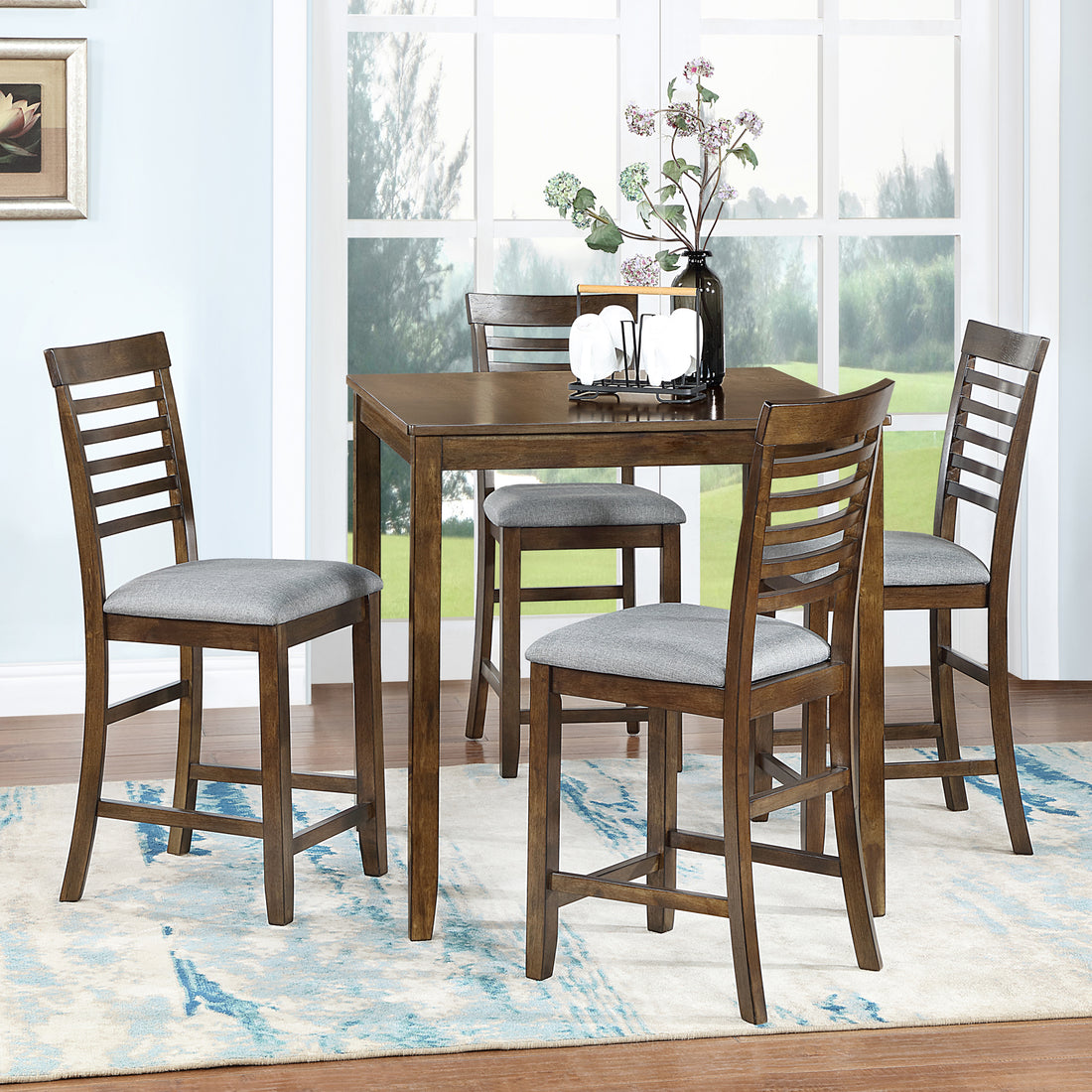 5 Piece Dining Table Set, Wooden Dining Square Table Set For 4, Counter Height Kitchen Table Set With Square Table And 4 Upholstered Chairs For Small Space, Walnut Wood Walnut Seats 4 Gray Wood Dining Room Acacia 4 Leg Square Dining Table With Chair