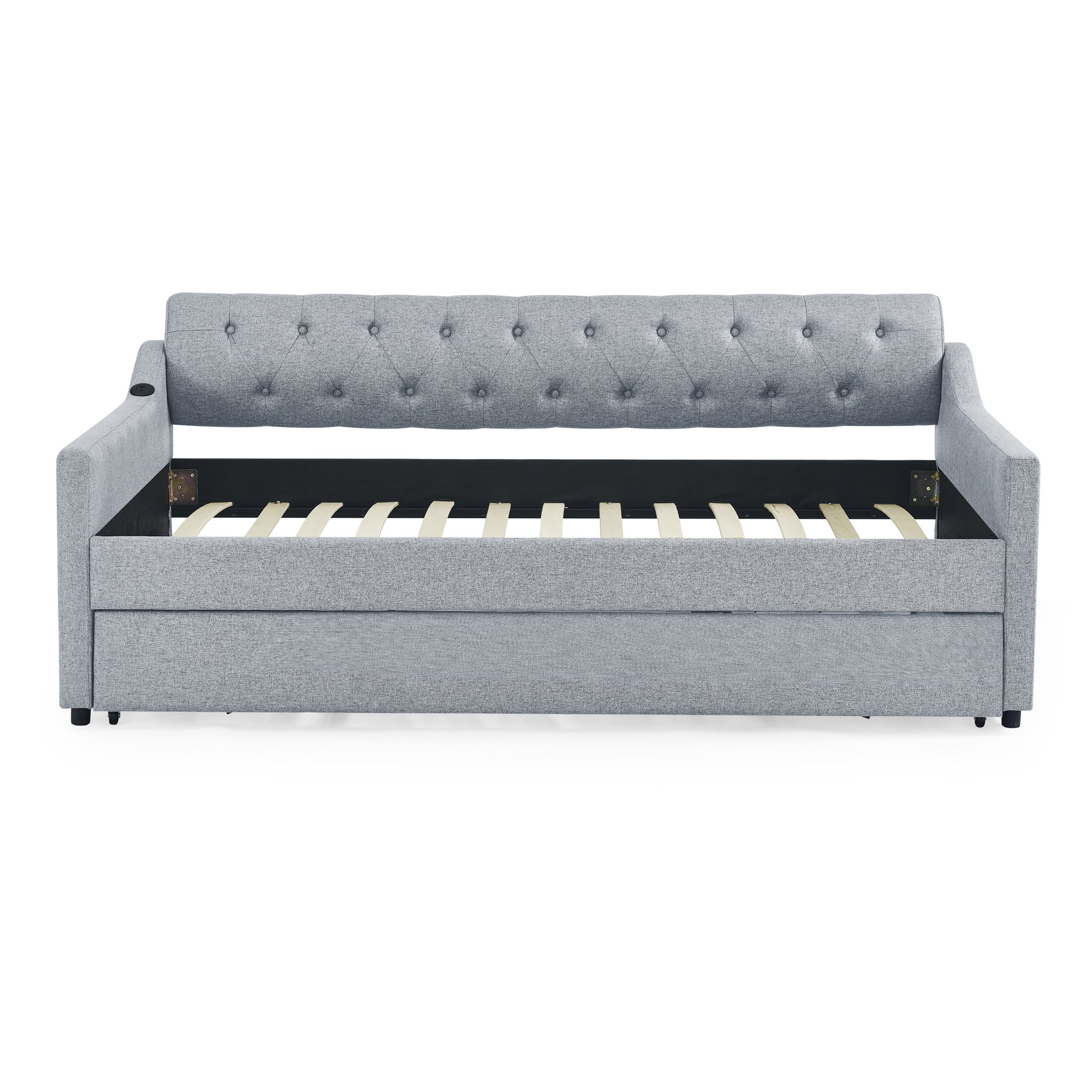 Twin Size Upholstery Daybed With Twin Size Erectable Trundle And Usb Charging Design, Linen Grey Twin Grey Linen