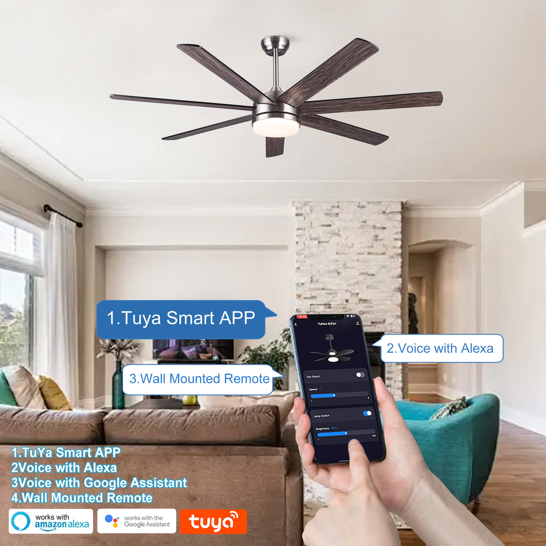 62 In. Integrated Led Brushed Nickel Plywood Smart Ceiling Fan With Remote Control Brushed Nickel Plywood Metal