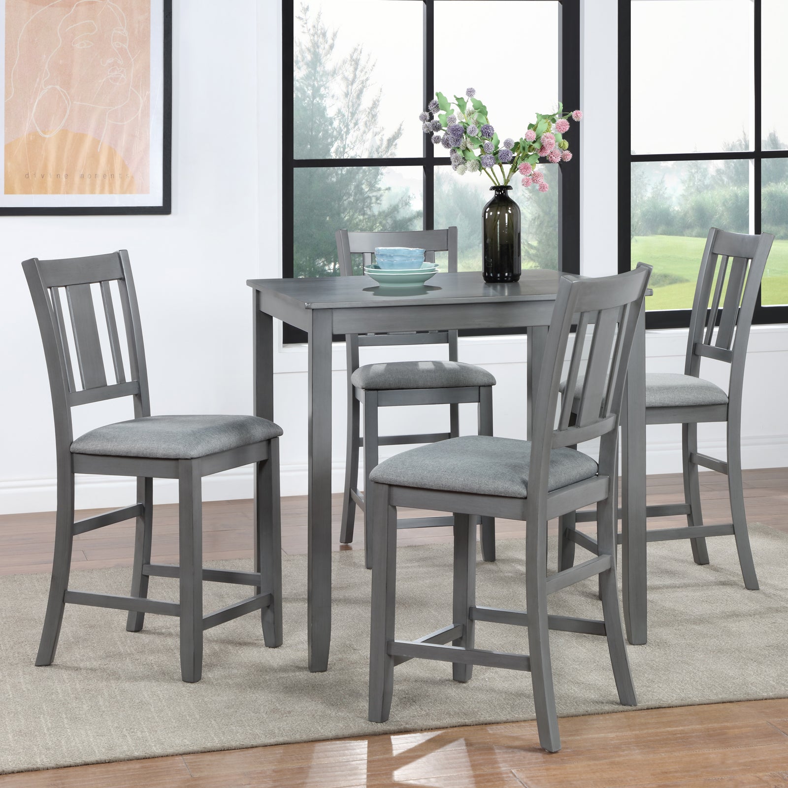 5 Piece Dining Table Set, Wooden Dining Square Table Set For 4, Counter Height Kitchen Table Set With Square Table And 4 Upholstered Chairs For Small Space, Gray Wood Gray Seats 4 Gray Wood Dining Room Acacia 4 Leg Square Dining Table With Chair Acacia