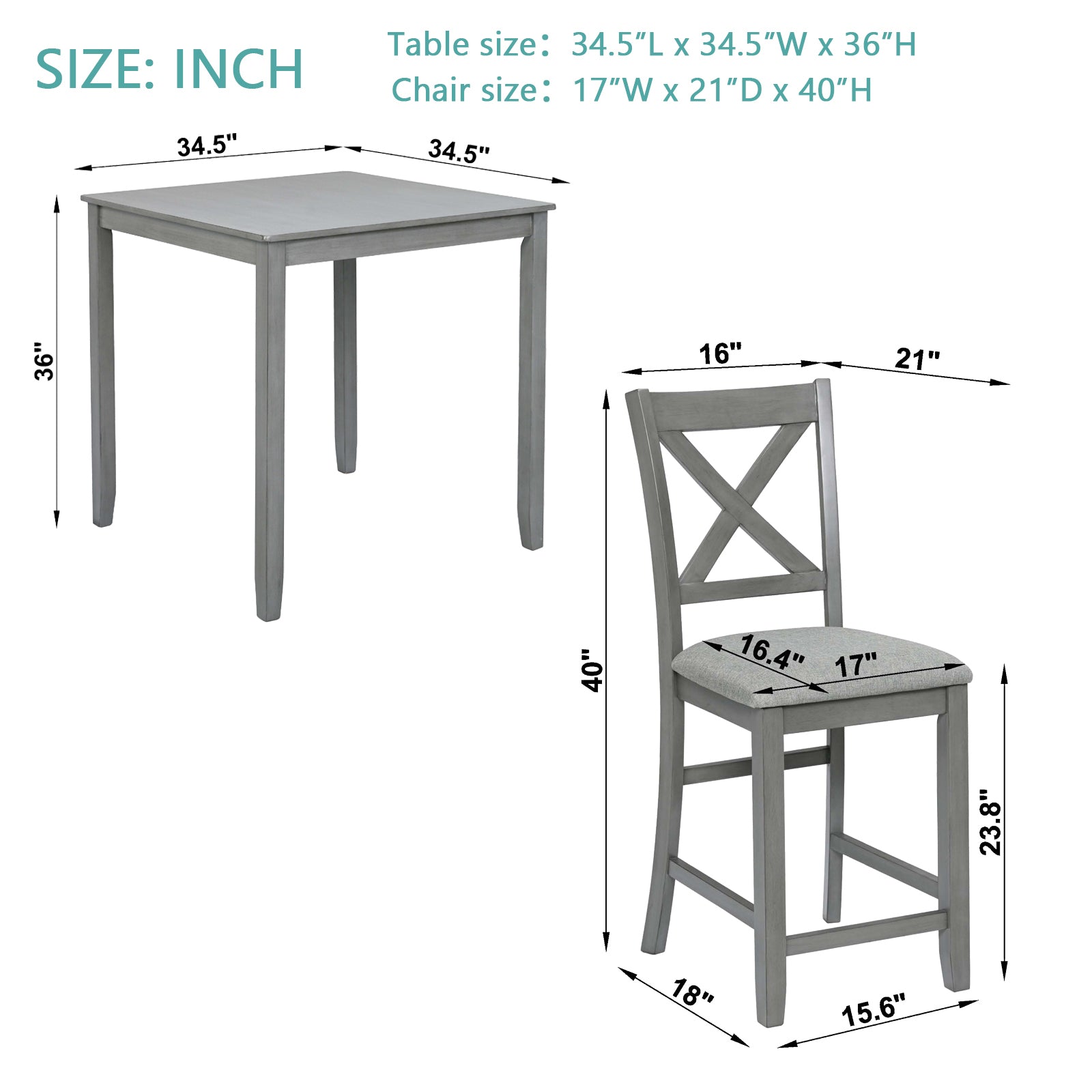 5 Piece Dining Table Set, Wooden Dining Square Table Set For 4, Counter Height Kitchen Table Set With Square Table And 4 Upholstered Chairs For Small Space, Gray Wood Gray Seats 4 Gray Wood Dining Room Acacia 4 Leg Square Dining Table With Chair Acacia