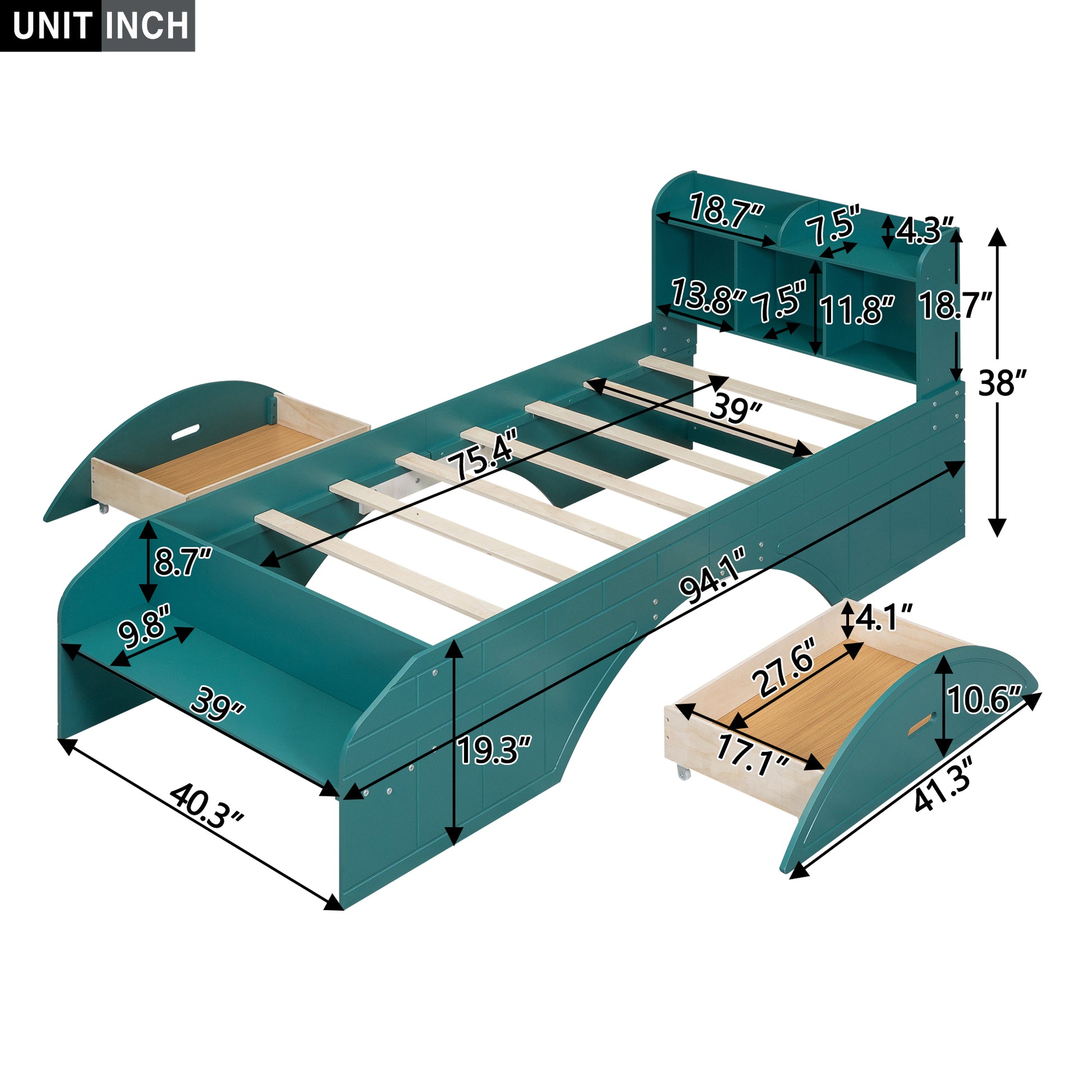 Wood Twin Size Platform Bed With 2 Drawers, Storage Headboard And Footboard, Dark Green Box Spring Not Required Twin Dark Green Bedroom Bed Frame Solid Wood Mdf