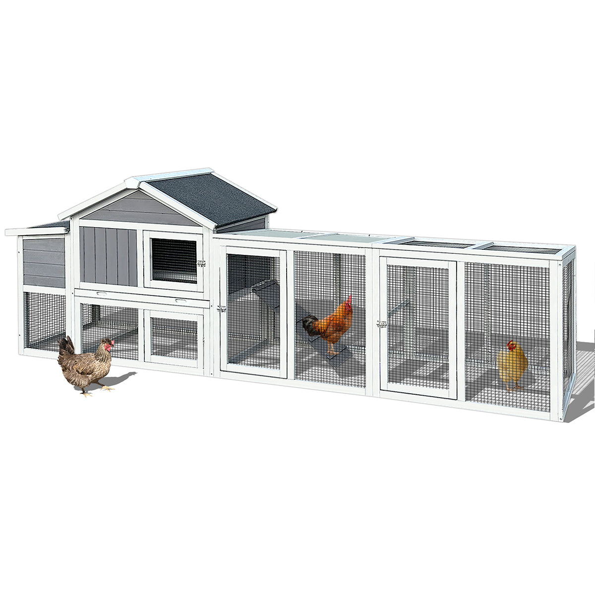 111.5" Wooden Chicken Coop, Large Hen House With Nesting Box Poultry Cage, Rabbit Hutch Bunny Cagewaterproof Uv Panel For Backyard Grey Wood