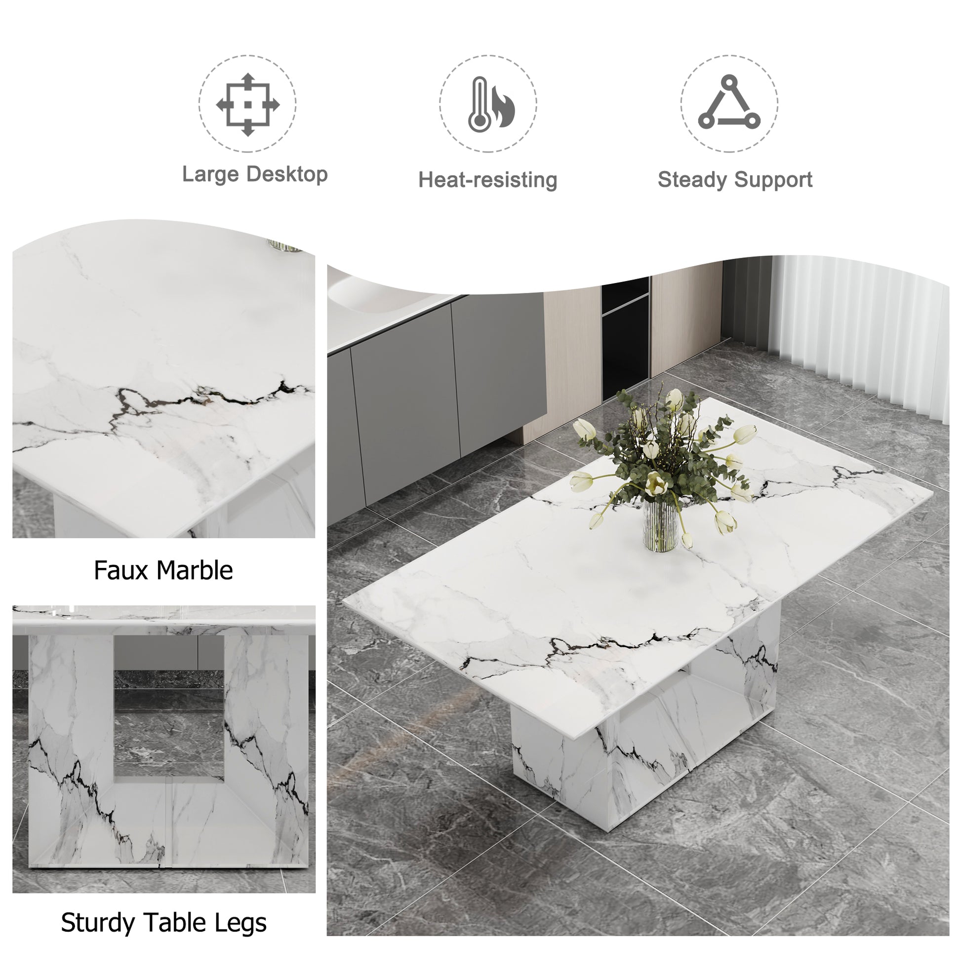 A Simple Dining Table. A Dining Table With A White Marble Pattern. 6 Pu Synthetic Leather High Backrest Cushioned Side Chairs With C Shaped Silver Metal Legs. Dt Sq 16090 Whc 1162 White Mdf