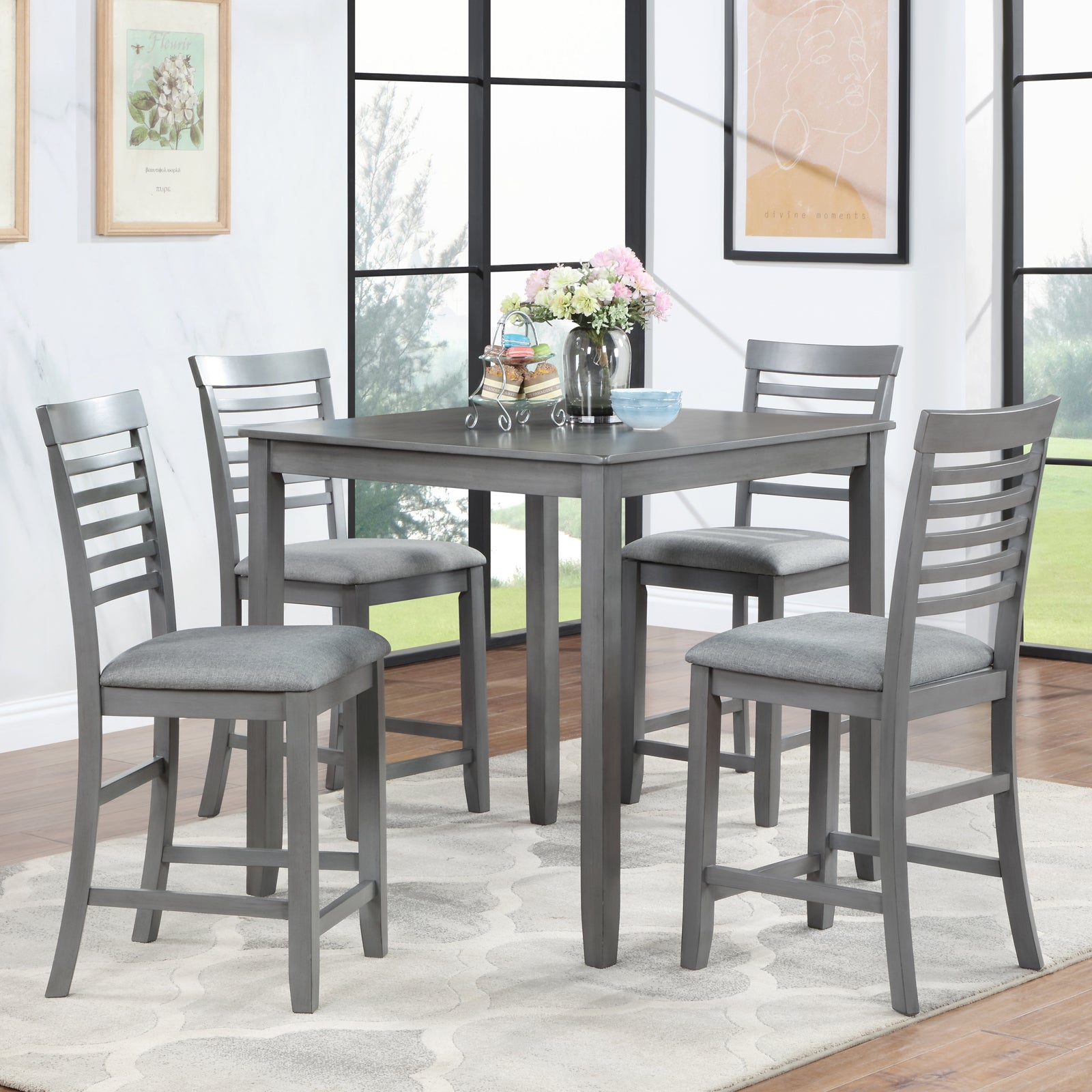 5 Piece Dining Table Set, Wooden Dining Square Table Set For 4, Counter Height Kitchen Table Set With Square Table And 4 Upholstered Chairs For Small Space, Gray Wood Gray Seats 4 Gray Wood Dining Room Acacia 4 Leg Square Dining Table With Chair Acacia