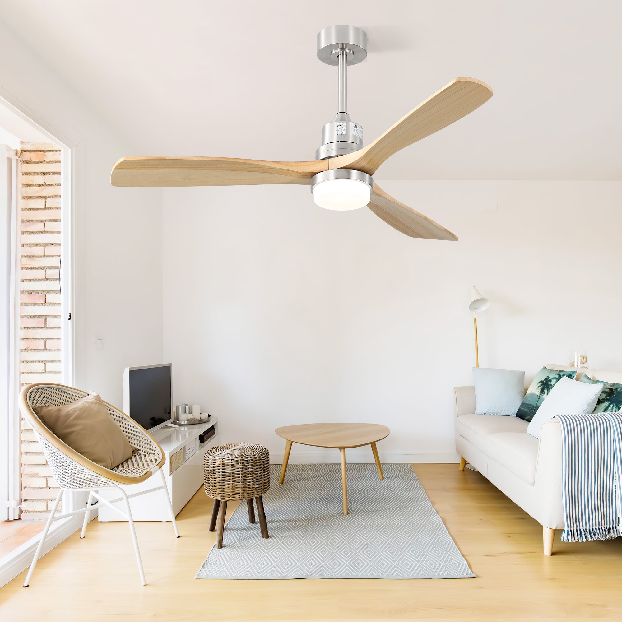 Indoor 52 Inch Ceiling Fan With Dimmable Led Light 6 brushed nickel-metal & wood