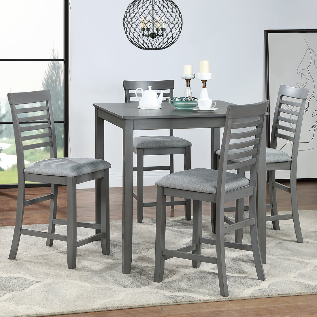 5 Piece Dining Table Set, Wooden Dining Square Table Set For 4, Counter Height Kitchen Table Set With Square Table And 4 Upholstered Chairs For Small Space, Gray Wood Gray Seats 4 Gray Wood Dining Room Acacia 4 Leg Square Dining Table With Chair Acacia
