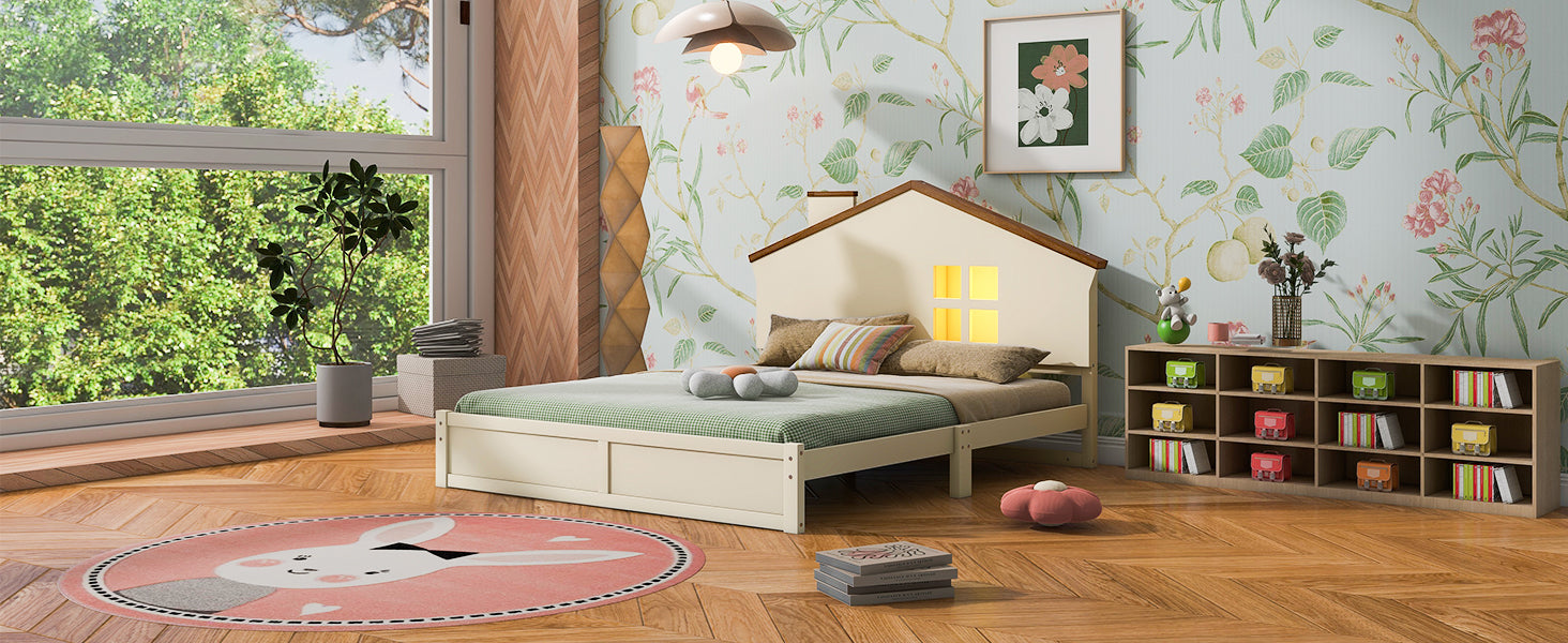 Full Size Wood Platform Bed With House Shaped Headboard And Built In Led, Walnut Milk White Box Spring Not Required Full White Wood Bedroom Solid Wood Mdf