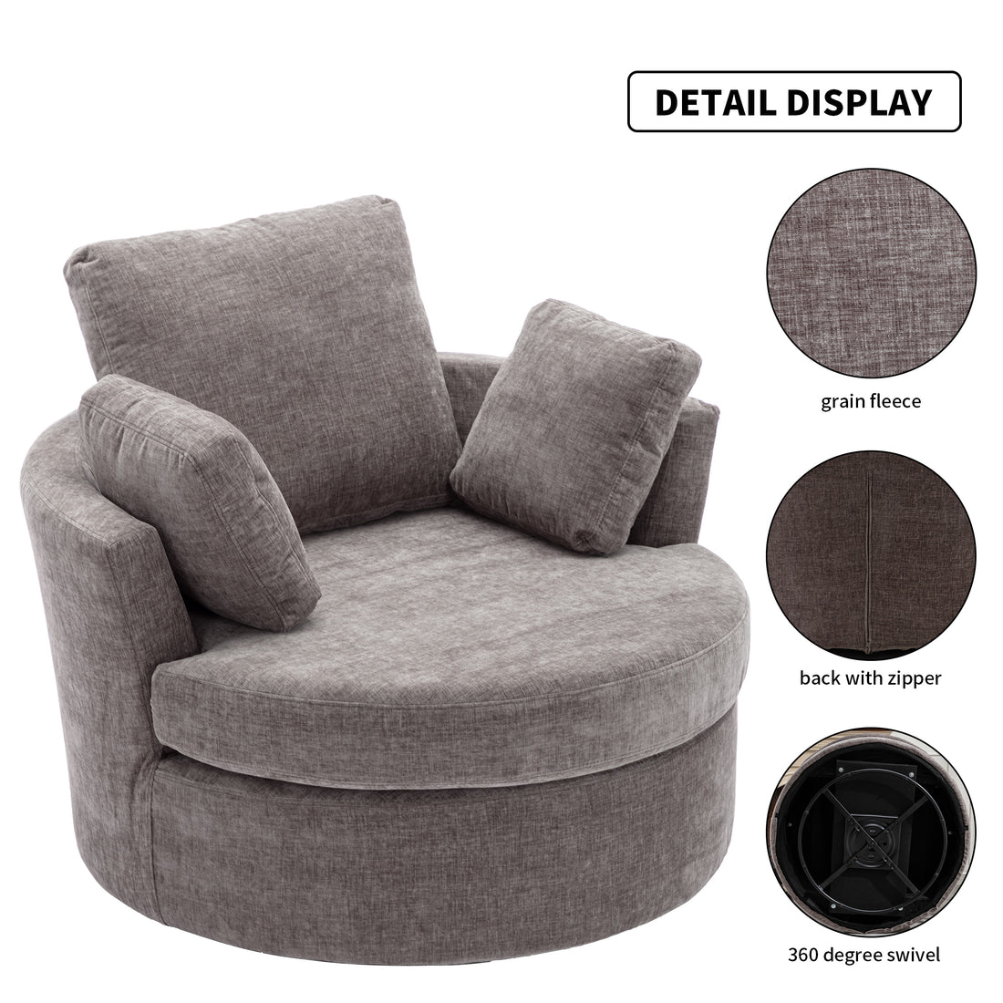 Oversize Round Swivel Chair Cozy Club 360 Degrees Swivel Sofa With 3 Pillows Chenille Fabric For Living Room Lounge Hotel 40.2D X 42.1W X 34.3H Inch Gray Mdf Steel
