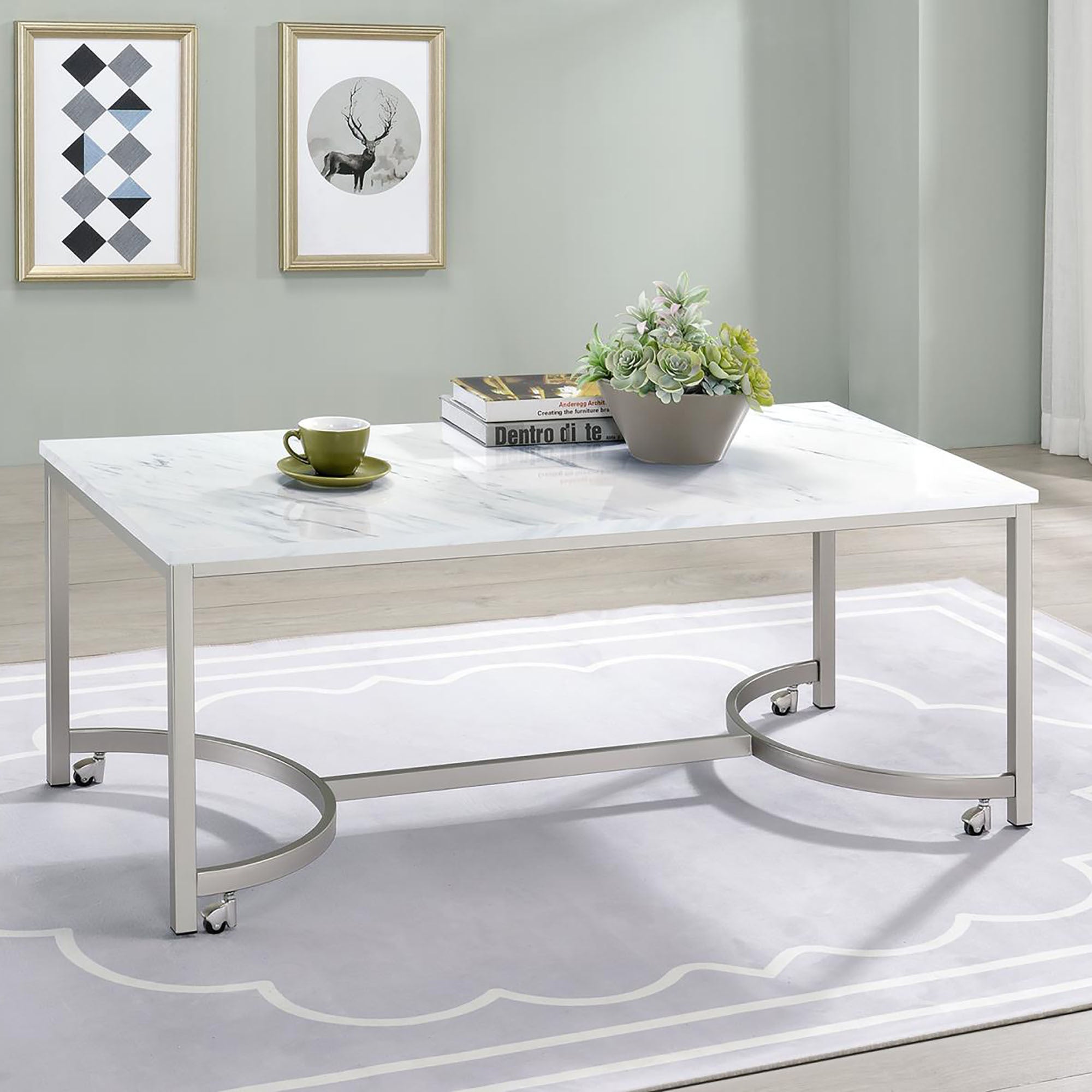 White And Satin Nickel Coffee Table With Casters White Casters Or Wheels Primary Living Space Contemporary,Modern Tabeltop Rectangular Coffee & End Tables Metal