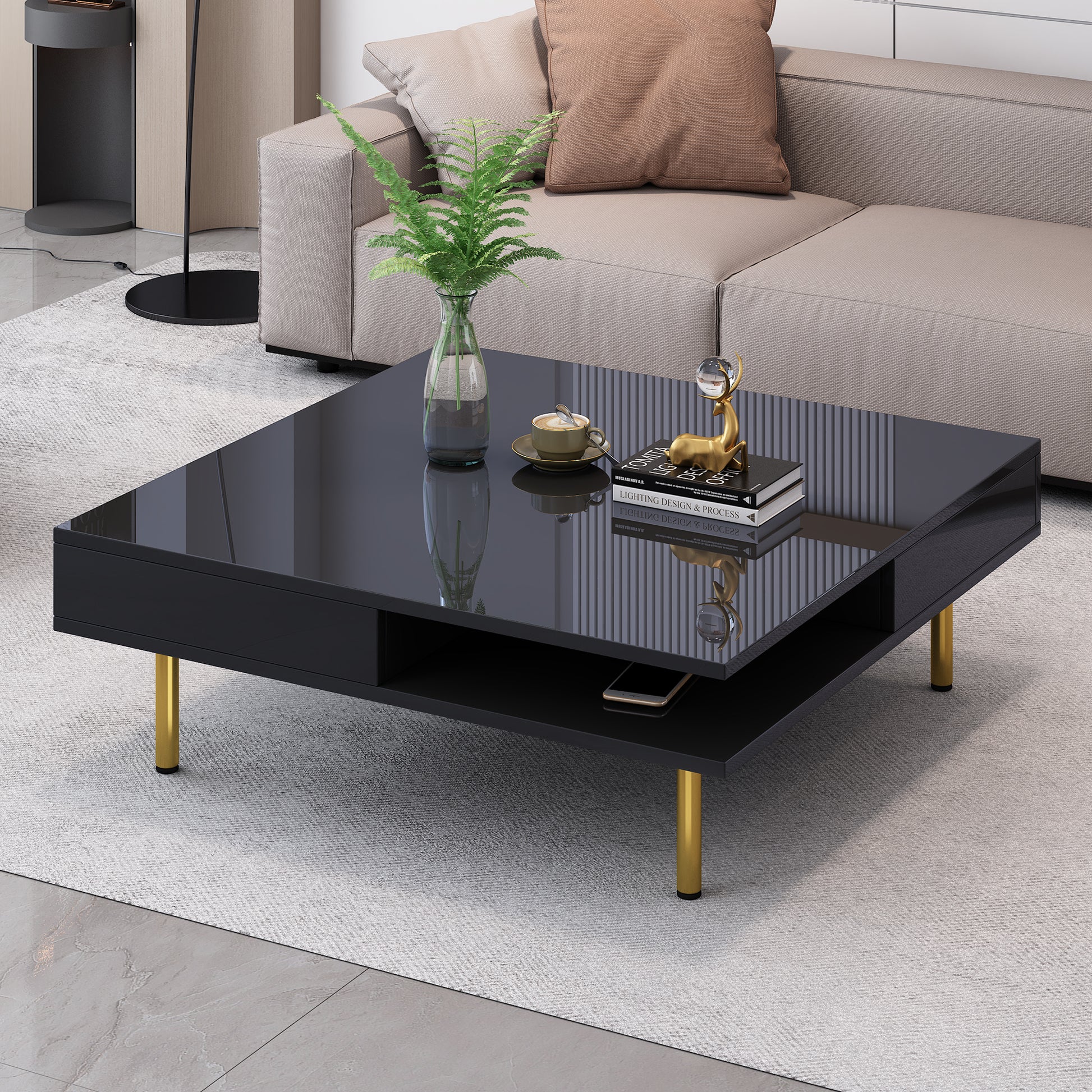 Exquisite High Gloss Coffee Table With Golden Legs And Small Drawe