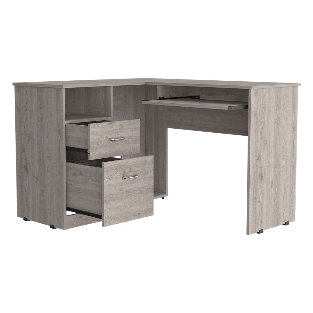 Idra L Shaped Desk, Keyboard Tray, Two Drawers, One Open Shelf, Light Gray Gray Particle Board Particle Board