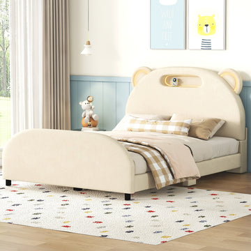 Full Size Upholstered Platform Bed With Bear Shaped Headboard And Embedded Light Stripe, Velvet, Beige Beige Velvet