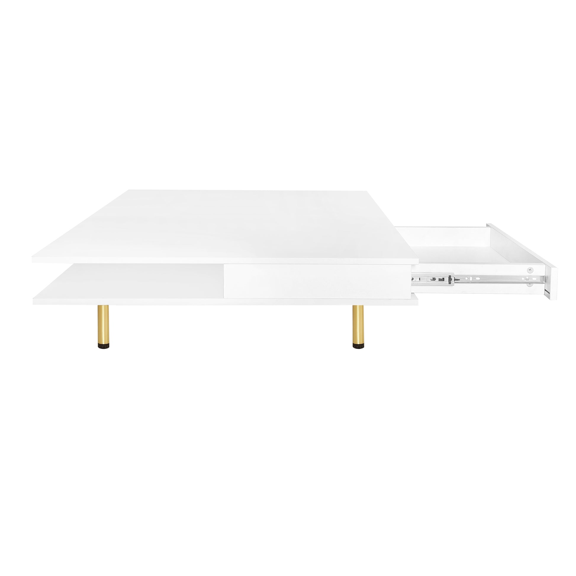 Exquisite High Gloss Coffee Table With 4 Golden Legs And 2 Small Drawers, 2 Tier Square Center Table For Living Room, White White Primary Living Space Particle Board