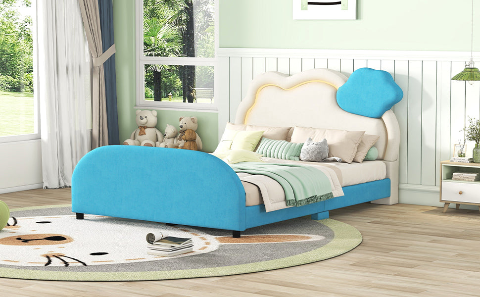 Full Size Upholstered Platform Bed with Cloud Shaped blue-velvet