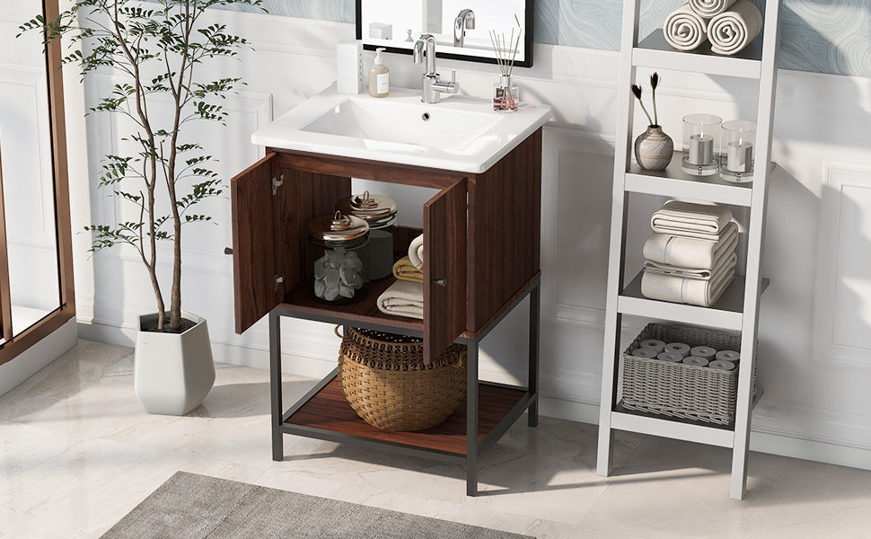 Viedo 24" Inch Walnut Finish Bathroom Vanity Cabinet With 2 Soft Close Doors, Open Storage Walnut Mdf Metal