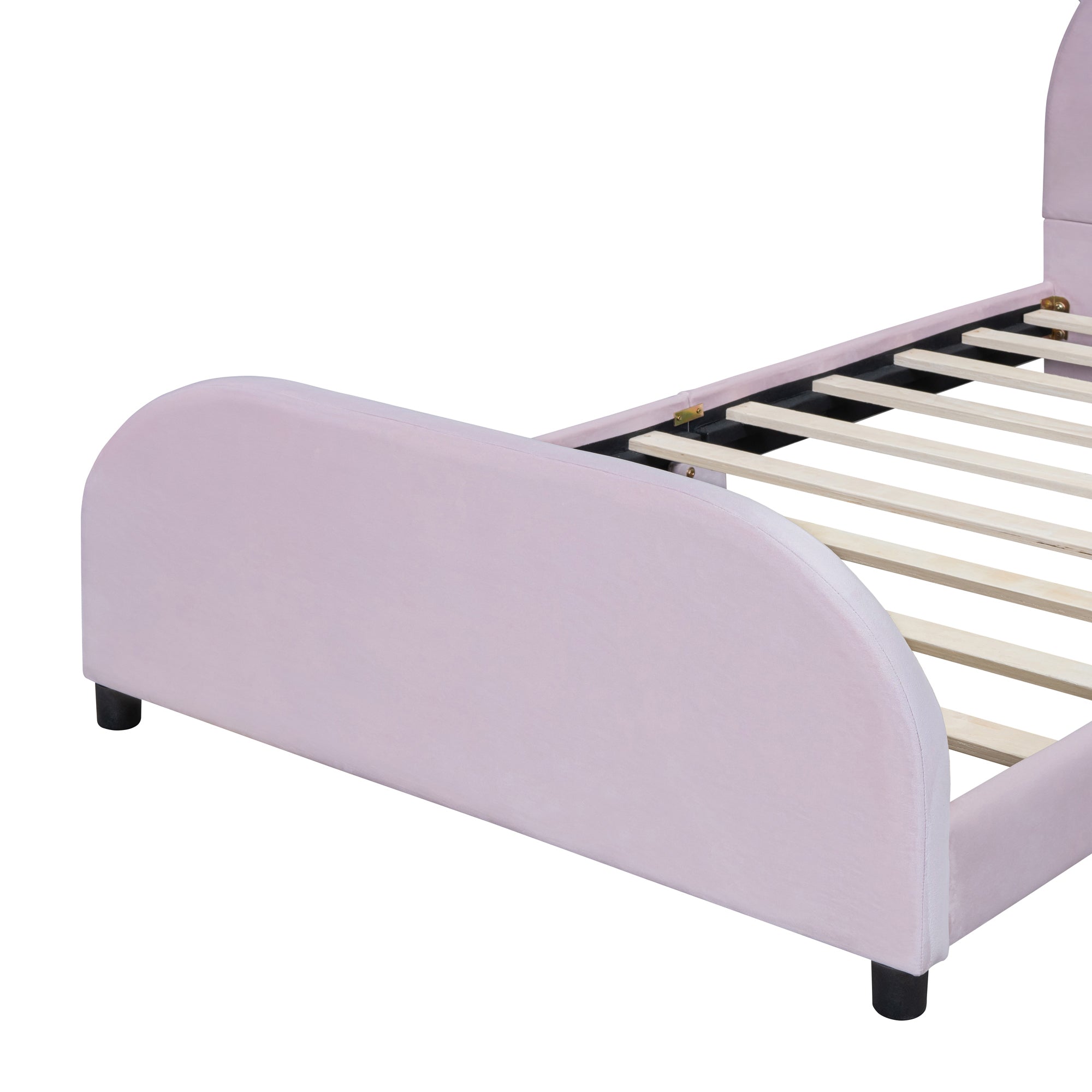 Twin Size Upholstered Platform Bed with Bear Shaped pink-velvet