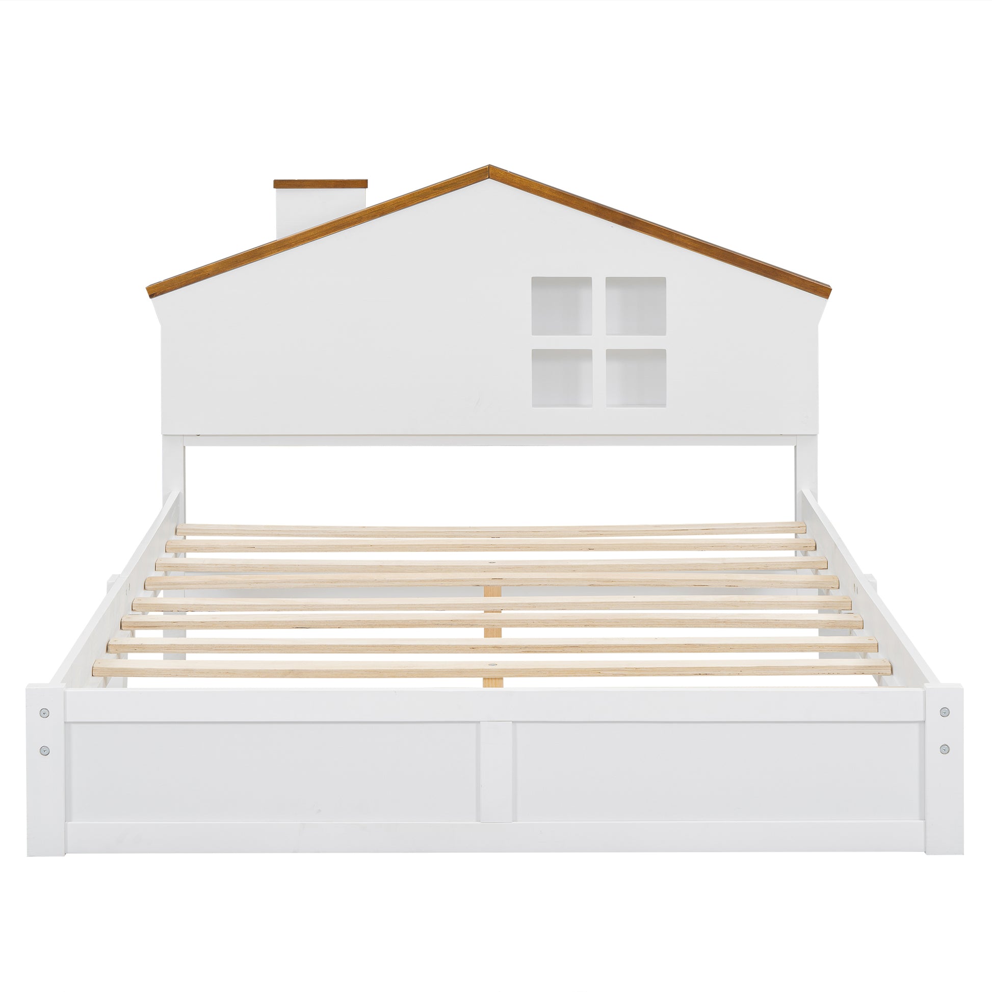 Full Size Wood Platform Bed With House Shaped Headboard And Built In Led, Walnut White Box Spring Not Required Full White Wood Bedroom Solid Wood Mdf