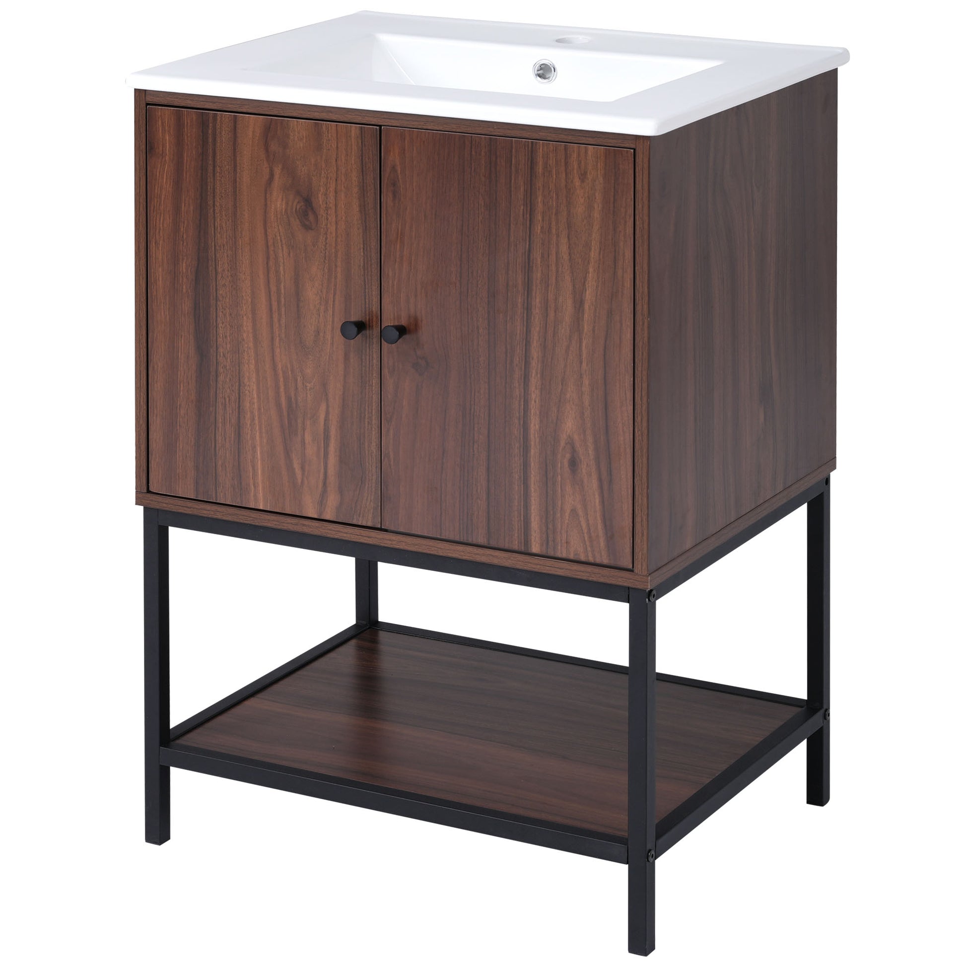 Viedo 24" Inch Walnut Finish Bathroom Vanity Cabinet With 2 Soft Close Doors, Open Storage Walnut Mdf Metal