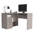 Idra L Shaped Desk, Keyboard Tray, Two Drawers, One Open Shelf, Light Gray Gray Particle Board Particle Board