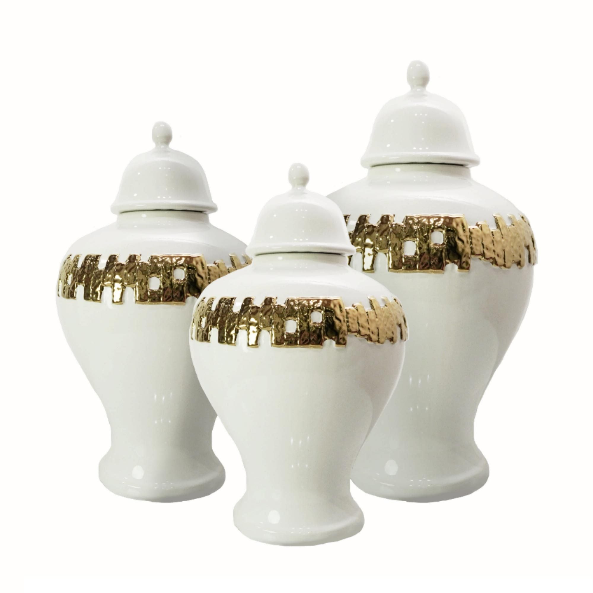 White Ginger Jar with Gold Ornament white-ceramic