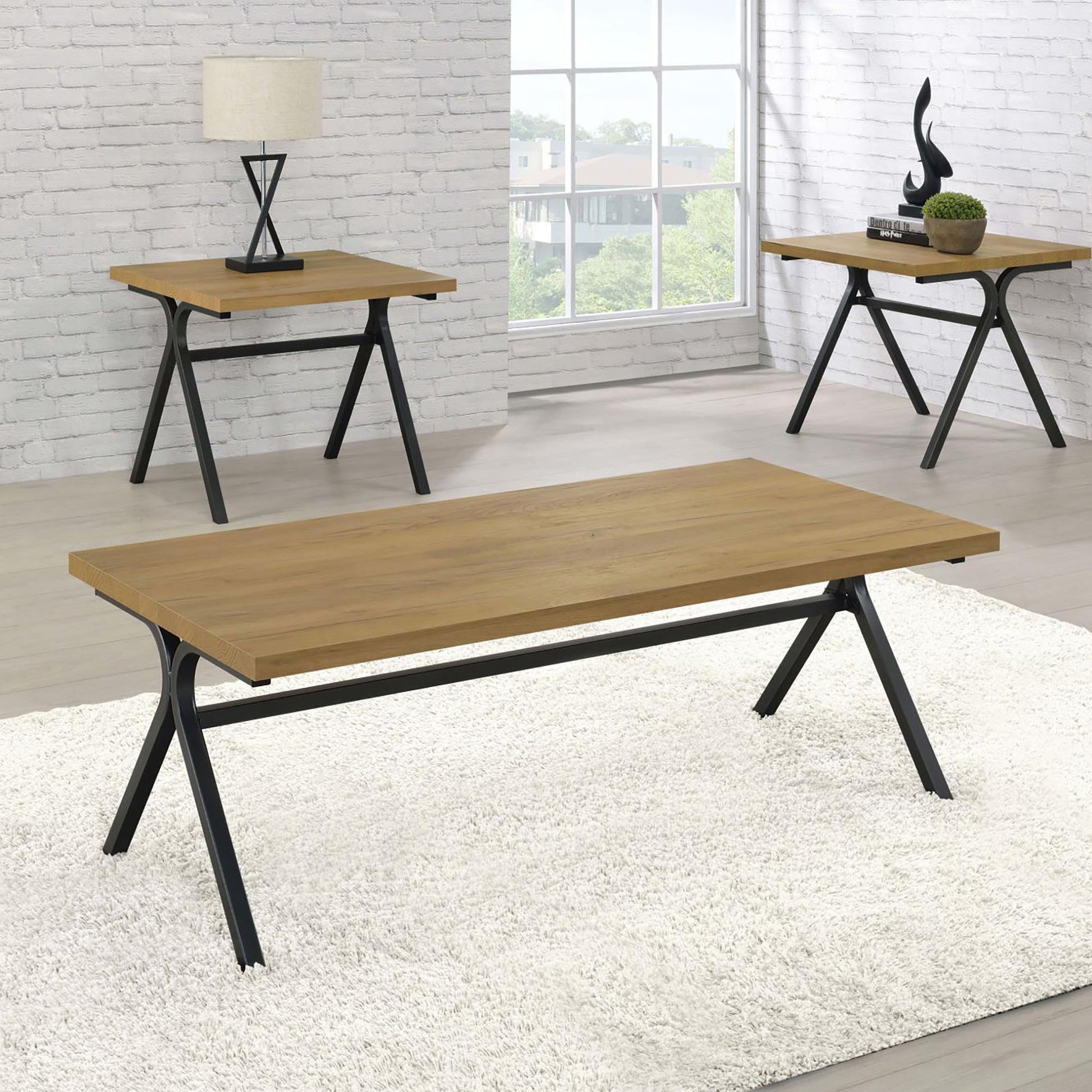 Golden Oak And Gunmetal 3 Piece Occasional Set Brown Primary Living Space Industrial Rectangular Coffee & End Tables Powder Coated Wood Trestle