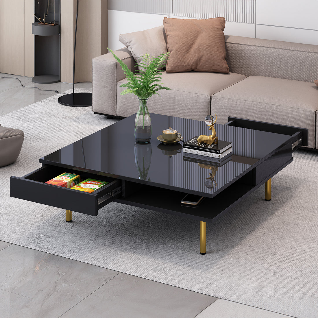 Exquisite High Gloss Coffee Table With 4 Golden Legs And 2 Small Drawers, 2 Tier Square Center Table For Living Room, Black Black Primary Living Space Particle Board