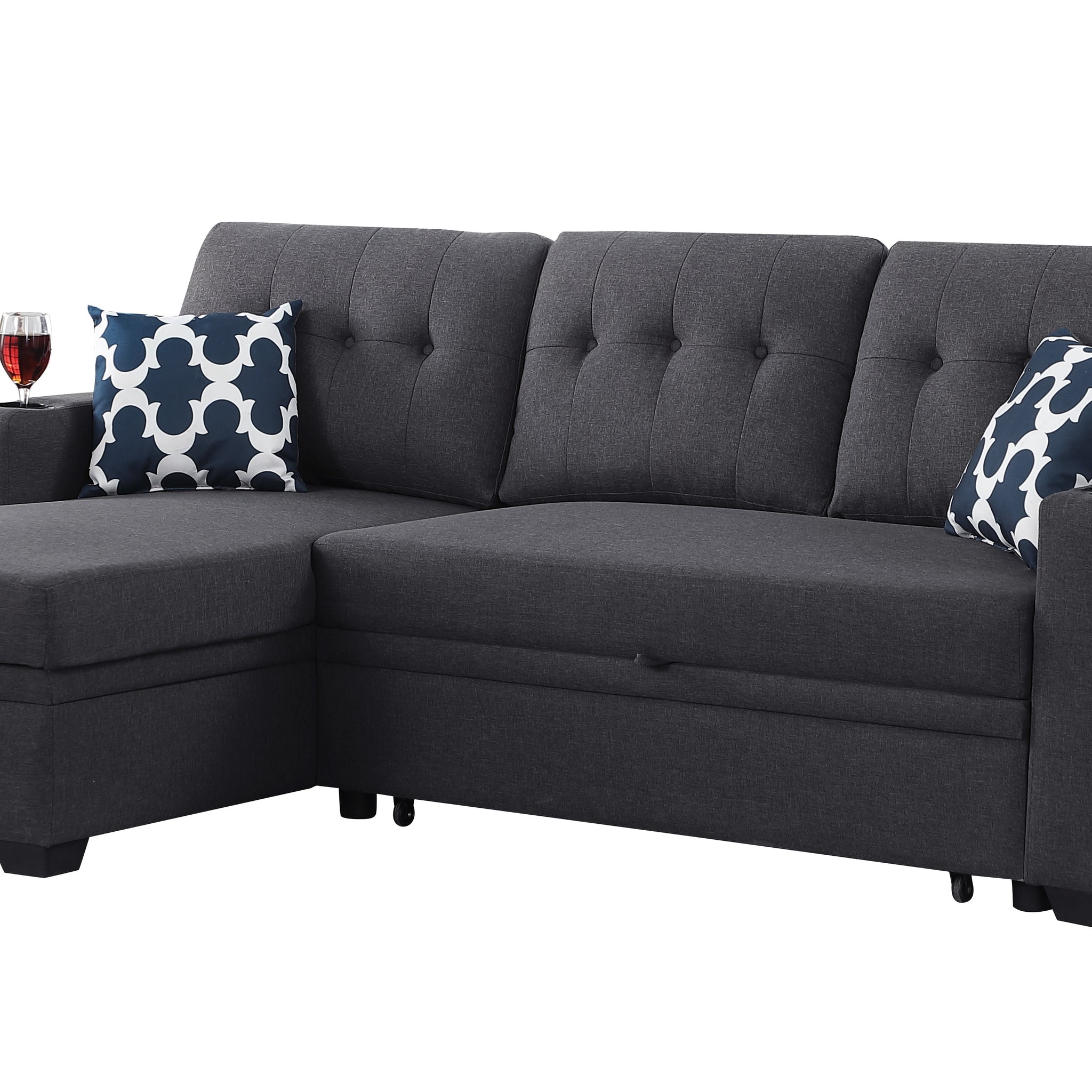 82" Width Sectional With Storage Chaise And Cupholder Armrest Dark Gray Foam Linen