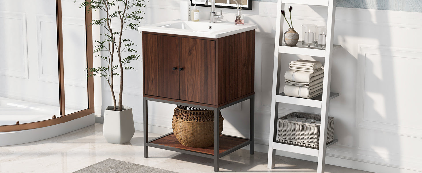 Viedo 24" Inch Walnut Finish Bathroom Vanity Cabinet With 2 Soft Close Doors, Open Storage Walnut Mdf Metal