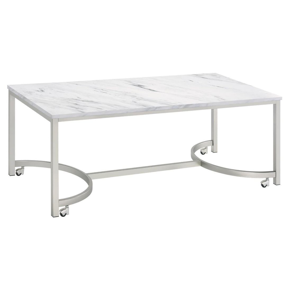 White And Satin Nickel Coffee Table With Casters White Casters Or Wheels Primary Living Space Contemporary,Modern Tabeltop Rectangular Coffee & End Tables Metal