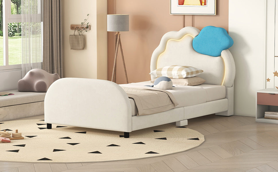 Twin Size Upholstered Platform Bed With Cloud Shaped Headboard And Embedded Light Stripe, Velvet, Beige Beige Velvet