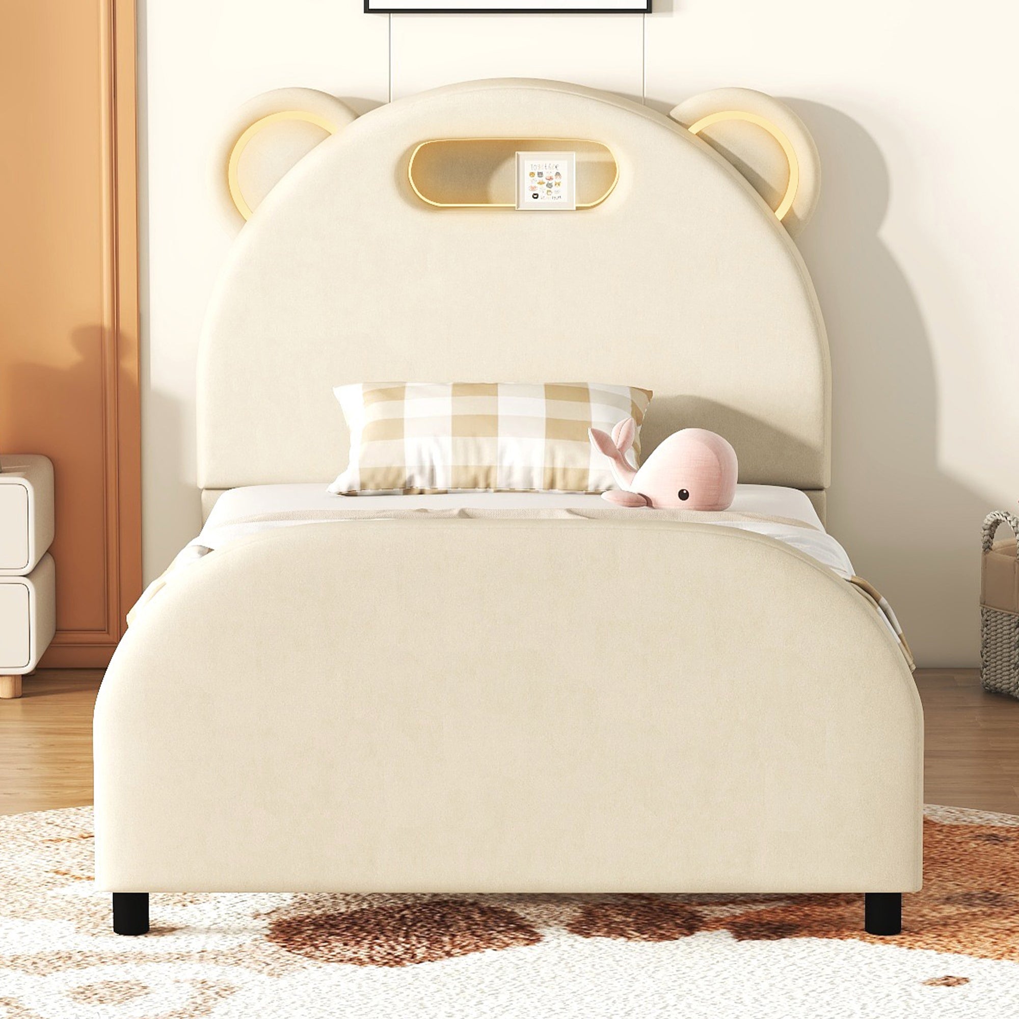 Twin Size Upholstered Platform Bed with Bear Shaped beige-velvet