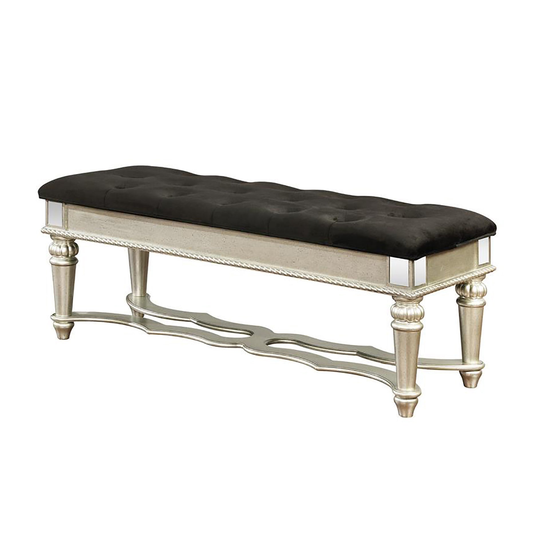 Metallic Platinum Upholestered Bench Silver Primary Living Space Rectangular Traditional Rubberwood Wood