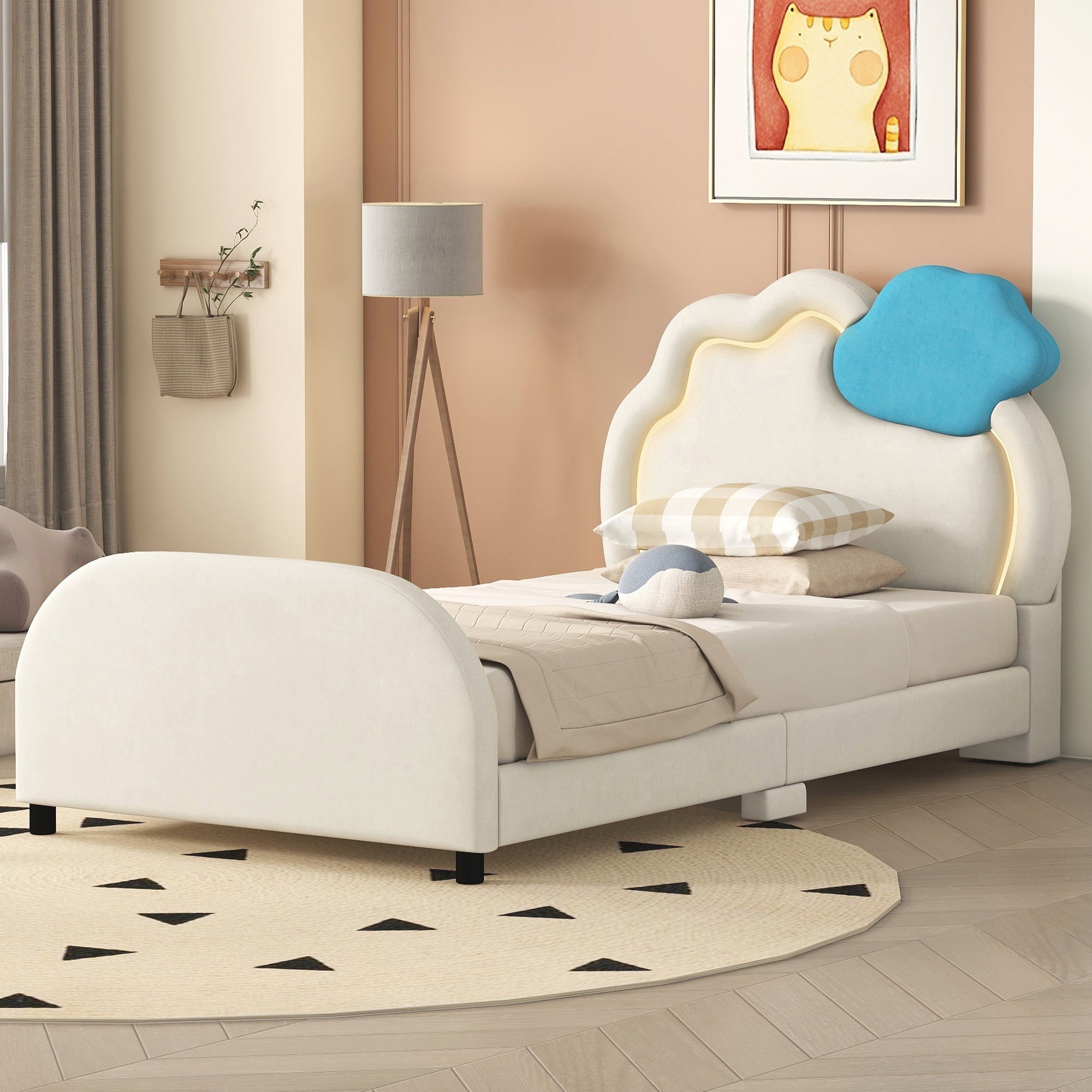 Twin Size Upholstered Platform Bed With Cloud Shaped Headboard And Embedded Light Stripe, Velvet, Beige Beige Velvet