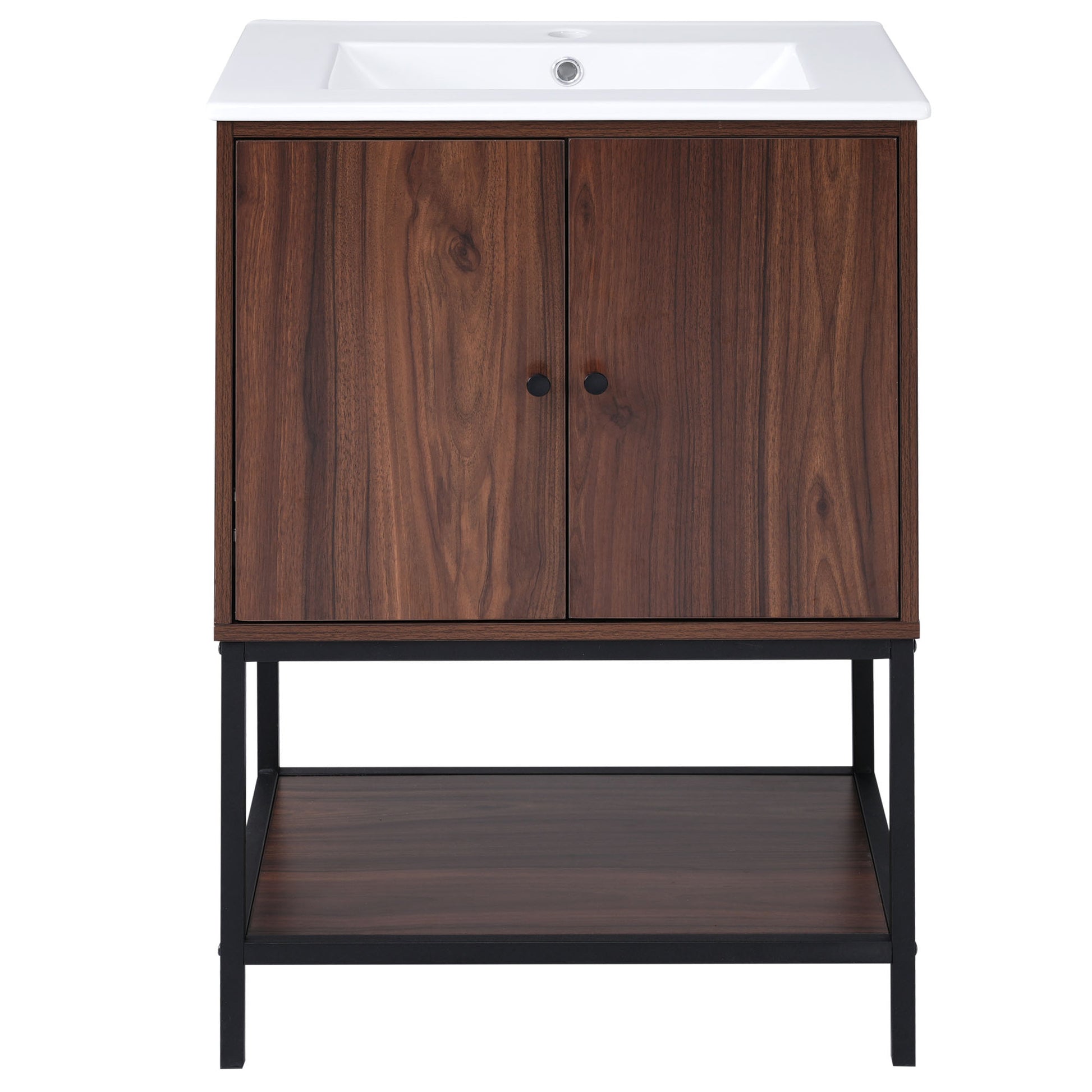 Viedo 24" Inch Walnut Finish Bathroom Vanity Cabinet With 2 Soft Close Doors, Open Storage Walnut Mdf Metal