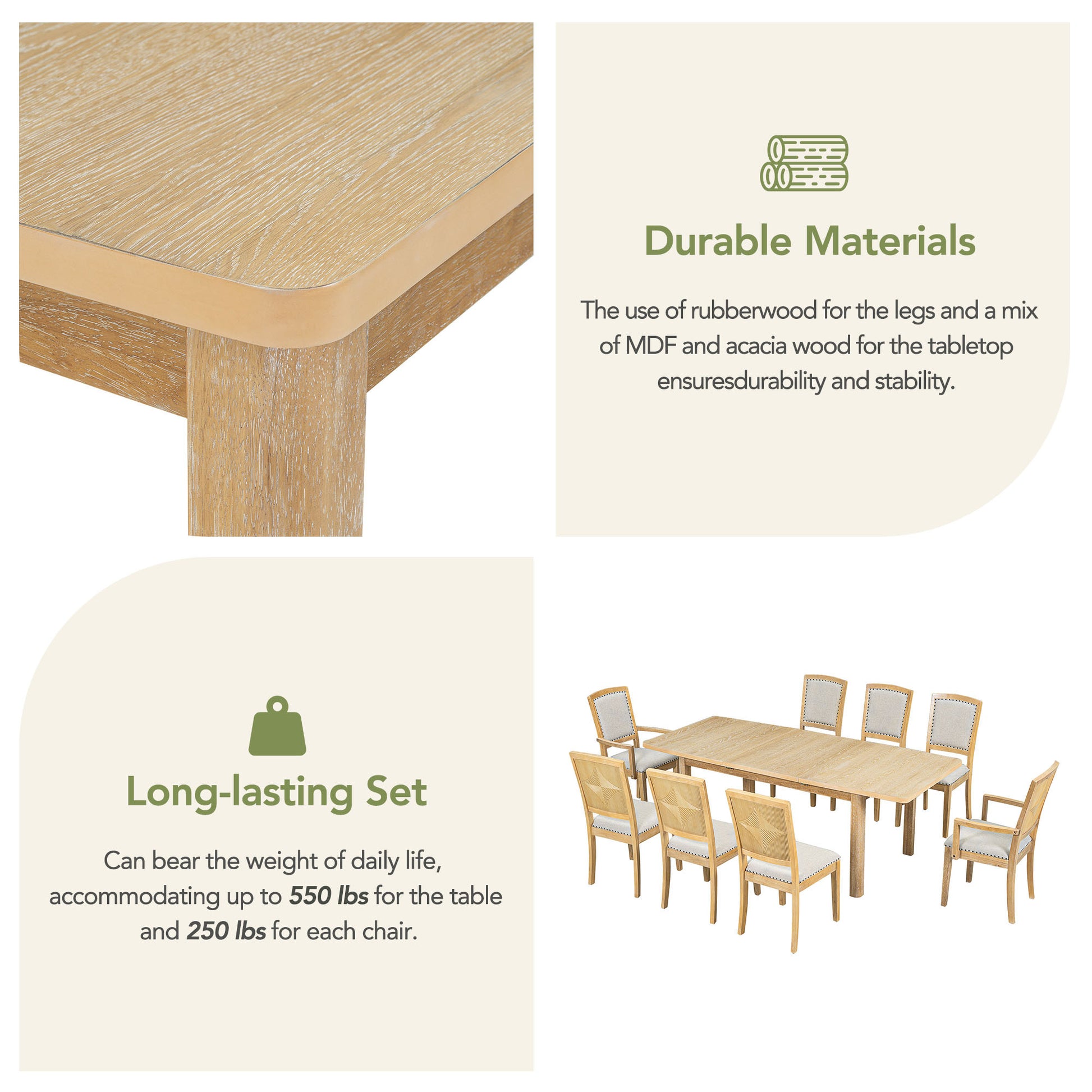 Rustic Extendable 84Inch Dining Table Set With 24Inch Removable Leaf6 Upholstered Armless Dining Chairs And 2 Padded Arm Chairs, 9 Pieces, Natural Wood Dining Room Extendable Rubberwood Rectangular Dining Table With Chair Upholstered Chair Wood Natural