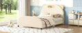 Full Size Upholstered Platform Bed With Bear Shaped Headboard And Embedded Light Stripe, Velvet, Beige Beige Velvet