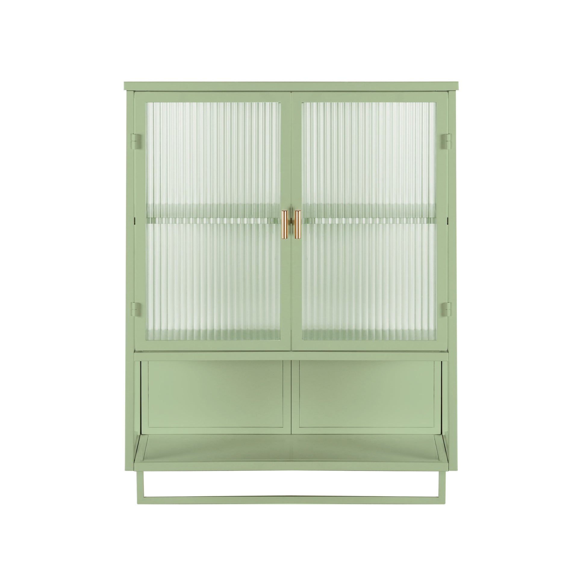 23.62"Glass Doors Modern Two Door Wall Cabinet With Featuring Two Tier Enclosed Storage, An Open Shelf, And Towel Rack, For Entryway Living Room Bathroom Dining Room,Green Green Glass Metal