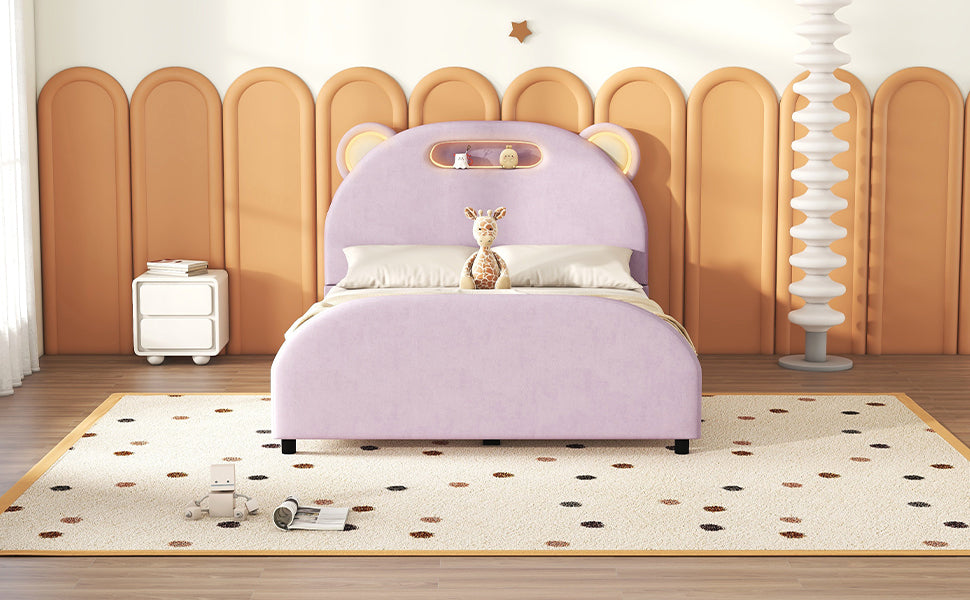 Full Size Upholstered Platform Bed With Bear Shaped Headboard And Embedded Light Stripe, Velvet, Pink Pink Velvet