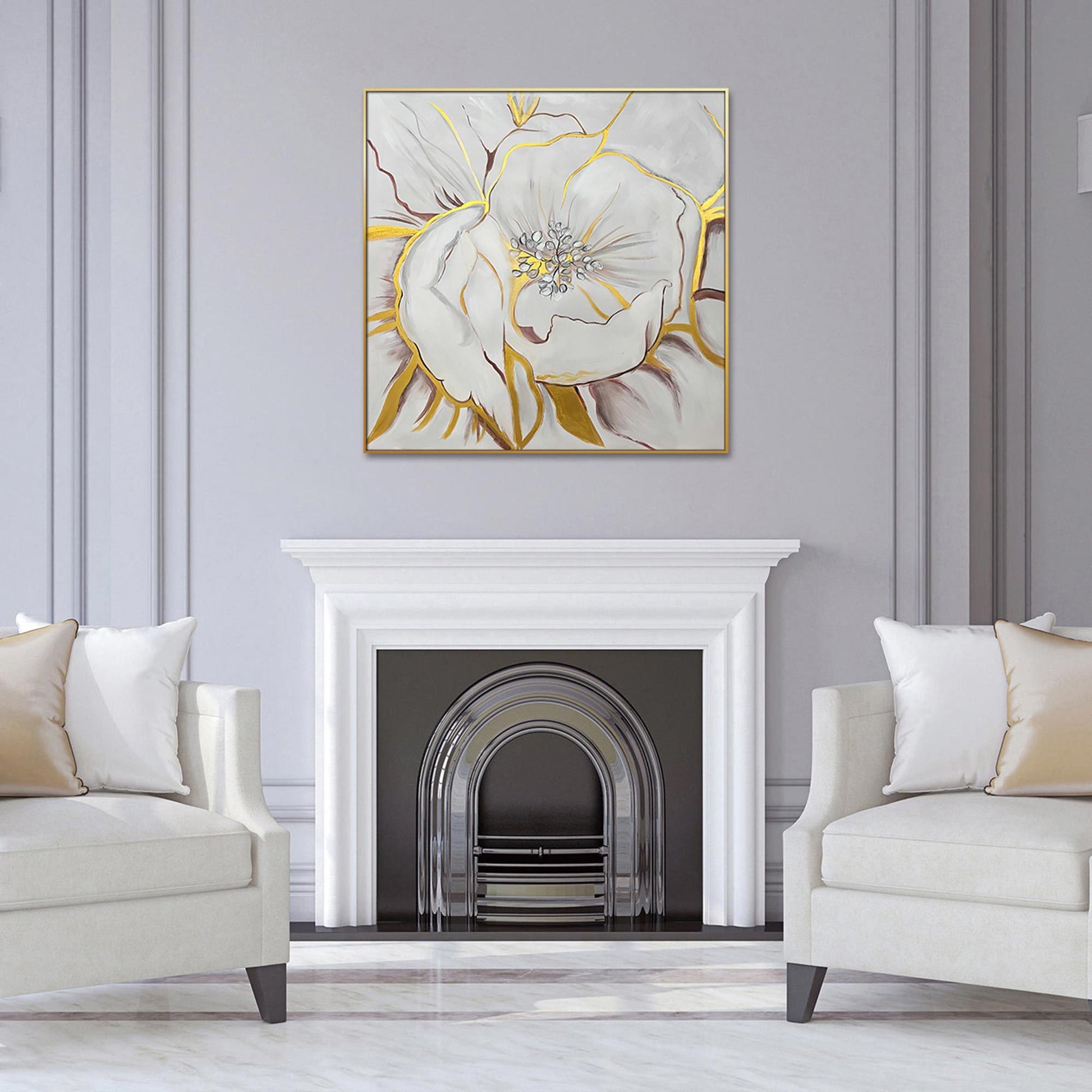 Home Hand Painted "Gilded Petal Perspective" Oil Painting 48"H X 48" W White Gold Canvas