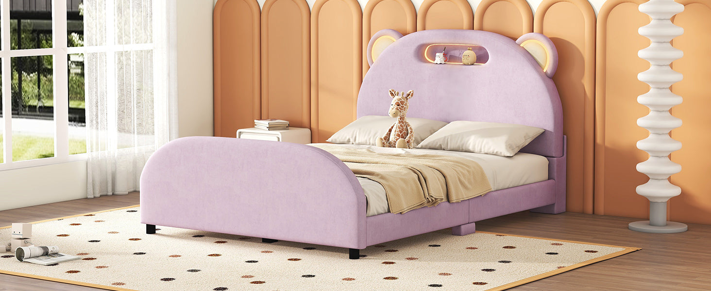 Full Size Upholstered Platform Bed With Bear Shaped Headboard And Embedded Light Stripe, Velvet, Pink Pink Velvet