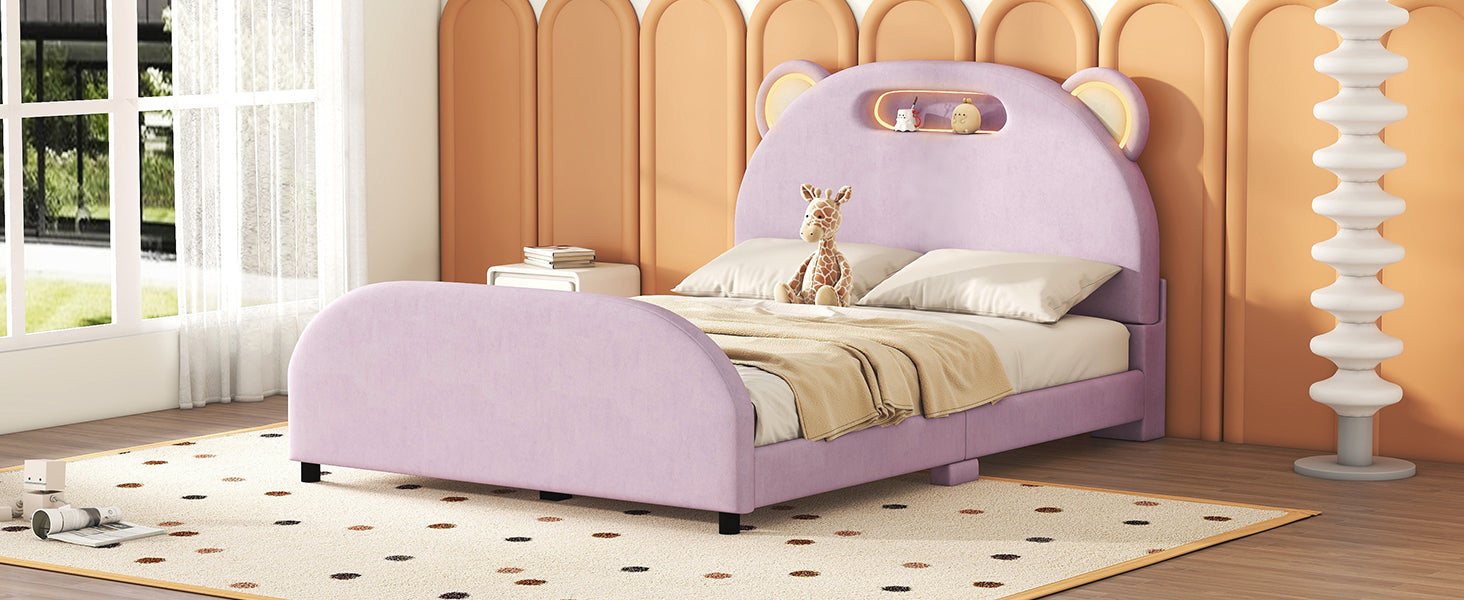 Full Size Upholstered Platform Bed with Bear Shaped pink-velvet